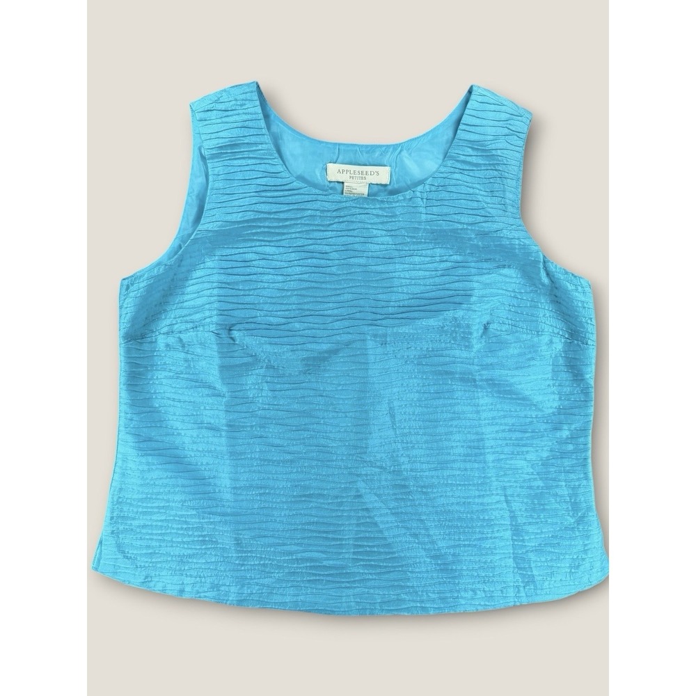 Appleseed's Petites Womens 12P Blue Sleeveless Silk Tank‎ Top Crinkle Texture